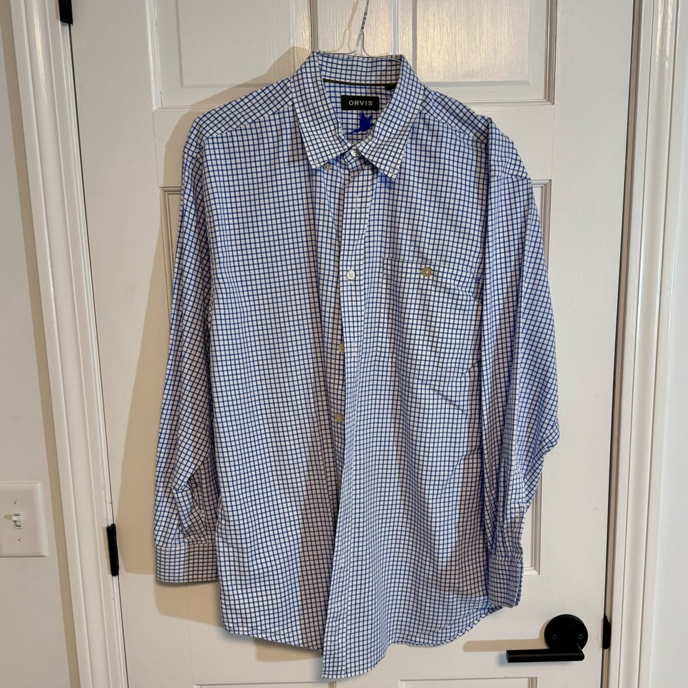 Orvis | Men’s Checked Button Down Shirt, White and Blue, Size L - EUC